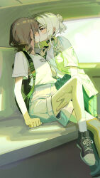 2girls absurdres backpack bag black_bag black_choker black_shoes blue_shorts blush brown_hair choker commentary earclip english_commentary girls_band_cry grey_eyes grey_hair hair_bun hand_on_another&#039;s_thigh highres iseri_nina jacket kawaragi_momoka kiss long_hair low_twintails multicolored_hair multiple_girls roots_(hair) shirt shoes short_hair short_twintails shorts single_hair_bun sitting socks twintails white_shirt white_socks ydpfa yuri