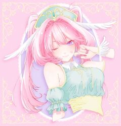 1girl closed_mouth commentary_request cropped_torso dame_x_prince detached_sleeves dress eyelashes green_dress green_hat hat highres kabu_(dmpr_rec_r) kyuaran long_hair looking_at_viewer magical_girl one_eye_closed pink_hair pink_nails puffy_detached_sleeves puffy_sleeves solo twintails upper_body wrist_cuffs