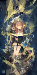 1girl absurdres animal_ear_hood animal_ears arknights belt belt_buckle black_shorts blue_eyes book brown_hair buckle cat_ears cat_tail circlet collar ears_under_headwear fake_animal_ears fang flower full_body glowing highres holding holding_book hood hood_up hooded_jacket ichika_(ichika87) infection_monitor_(arknights) jacket jewelry long_hair long_sleeves looking_at_viewer magic open_mouth pepe_(arknights) ribbon sandals shorts sitting smile solo tail tail_ornament tail_ring thigh_strap white_flower