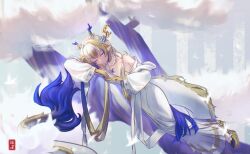 Rule 34 | 1girl, absurdres, ambience synesthesia, arknights, blonde hair, blue hair, chinese commentary, closed mouth, colored extremities, commentary request, commission, dragon girl, dragon horns, dragon tail, dress, grey eyes, hair ornament, highres, horns, jewelry, long dress, long hair, long sleeves, looking at viewer, lying, mihuashi commission, multicolored hair, necklace, official alternate costume, on side, one eye closed, own hands together, pearl necklace, pointy ears, shu (arknights), shu (bingwenyuyou) (arknights), solo, tail, very long hair, white dress, white hair, wide sleeves, withmeblazar
