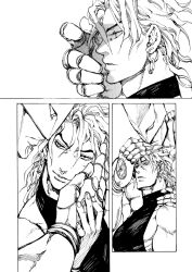 comic dio_brando earrings greyscale hand_on_another&#039;s_cheek hand_on_another&#039;s_face jewelry jojo_no_kimyou_na_bouken merumeru626 monochrome screentones silent_comic sleeveless sleeveless_turtleneck stand_(jojo) stardust_crusaders the_world turtleneck