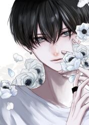 1boy arms_up closed_mouth commentary_request crew_neck earrings fingernails flower grey_eyes h_whitewish hair_between_eyes jewelry looking_at_viewer male_focus original piercing ring shirt solo upper_body white_background white_flower white_shirt white_theme