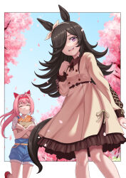 absurdres animal_ears bag belt black_hair black_ribbon blue_overalls blue_sky bow bread brown_dress casual cherry_blossoms clear_sky closed_eyes closed_mouth collared_dress commentary day dress ear_bow ear_covers facing_viewer food frilled_dress frills hair_over_one_eye hair_ribbon hairband haru_urara_(umamusume) highres holding holding_bag horse_ears horse_girl horse_tail leg_up long_hair long_sleeves looking_at_viewer medium_dress neck_ribbon open_mouth outdoors overall_shorts overalls paper_bag pink_hairband purple_eyes red_shoes ribbon rice_shower_(umamusume) shirt shoes sky smile standing standing_on_one_leg tail tuskryo umamusume white_ribbon white_shirt wind yellow_belt