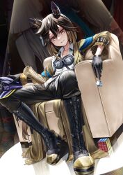 5girls absurdres animal_ears arm_rest arm_up armchair black_boots black_gloves black_hair black_pants boots brown_hair chain chair coat collared_shirt crotch_seam dice dutch_angle ear_covers ear_ornament facing_away full_body gloves goggles goggles_around_neck gold_ship_(umamusume) hair_between_eyes hat high_heel_boots high_heels highres horse_ears horse_tail jewelry lace-up_boots leaning_back long_hair long_sleeves looking_at_viewer manjo_(warito) map_(object) multicolored_hair multiple_girls nakayama_festa_(umamusume) on_chair open_clothes open_coat orfevre_(umamusume) pants pants_tucked_in parted_lips reflection reflective_floor reflective_surface rubik&#039;s_cube shirt sitting smile solo_focus speech_bubble spotlight standing stay_gold_(umamusume) tail torn_clothes torn_pants umamusume untucked_shirt unworn_clothes unworn_hat unworn_headwear very_long_hair white_hair wing_collar yellow_coat yellow_eyes