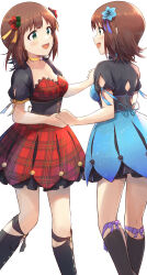 2girls absurdres amami_haruka black_boots blue_choker blue_dress blue_flower blue_ribbon blush boots breasts brown_hair choker commentary_request commission dress dual_persona feet_out_of_frame floral_(idolmaster) flower green_eyes hair_flower hair_ornament hair_ribbon highres holding_hands idolmaster idolmaster_(classic) idolmaster_2 looking_at_another morpho_hydrangea_(idolmaster) multiple_girls open_mouth pixiv_commission plaid_clothes plaid_dress red_dress red_flower ribbon short_hair short_sleeves shuucream_(syuichi) simple_background smile standing tartan_check_rose_(idolmaster) white_background yellow_choker yellow_ribbon