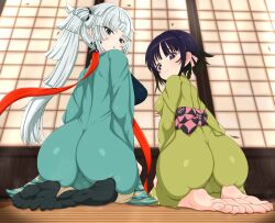 2girls ass azatychan barefoot black_eyes black_hair black_socks blue_eyes fate/samurai_remnant fate_(series) feet highres long_hair looking_at_viewer looking_back medium_hair multiple_girls ogasawara_kaya parted_lips ponytail seiza sitting smile socks soles steam toes white_hair yui_shousetsu_(fate)