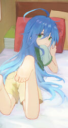 :3 absurdres ahoge barefoot blue_hair closed_mouth commentary_request feet feet_up green_eyes green_shirt haimaotuanzi highres indoors izumi_konata long_hair lucky_star lying on_stomach shirt short_sleeves shorts soles toes very_long_hair yellow_shorts