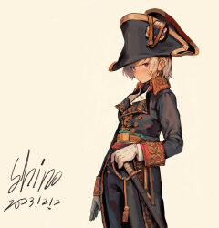 1girl belt belt_buckle bicorne buckle epaulettes france gloves hat highres military military_uniform napoleon_(belfy_and_lillibit) napoleon_(senjuushi) napoleon_bonaparte napoleon_bonaparte_(fate) original purple_eyes shino_(ling3ch) sword tailcoat translated weapon white_hair