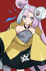1girl :o bow-shaped_hair breasts character_hair_ornament collarbone commentary_request cowboy_shot grey_shirt hair_ornament hattori_(omegamega1001) highres iono_(pokemon) jacket long_hair long_sleeves multicolored_hair nintendo open_mouth pantyhose pokemon pokemon_sv red_background shirt sleeveless sleeveless_shirt sleeves_past_fingers sleeves_past_wrists solo sweatdrop two-tone_hair yellow_jacket