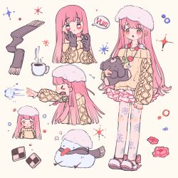 &gt;_&lt; 1girl artist_request bare_shoulders beret black_gloves black_scarf blush_stickers bow bra_strap checkerboard_cookie chewing chibi chinese_commentary clenched_hand closed_mouth coffee collarbone commentary_request cookie cropped_torso cross cross_necklace cup eating flower flower_necklace flying_sweatdrops food footwear_bow frilled_skirt frills fringe_trim full_body fur_hat gloves hand_on_own_cheek hand_on_own_face hat heart heart-shaped_pupils highres holding holding_food holding_stuffed_toy jewelry long_hair long_sleeves looking_ahead mary_janes miniskirt miracle_nikki mug multiple_views necklace nikki_(nikki) nikki_(series) off-shoulder_sweater off_shoulder outstretched_arm pantyhose parted_lips pink_bow pink_eyes pink_hair puffy_long_sleeves puffy_sleeves red_flower red_rose rose scarf second-party_source see-through_pantyhose shoes sidelocks simple_background skirt sleeves_past_wrists smile snowball snowflake_print snowman sparkle speech_bubble steam stuffed_animal stuffed_toy sweater symbol-shaped_pupils tareme teddy_bear throwing unworn_scarf very_long_hair wavy_hair white_hat white_pantyhose white_shoes white_skirt winter_miracle_(miracle_nikki) yellow_background yellow_sweater
