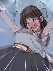Rule 34 | 1boy, 1girl, @ @, ^^^, airi (band) (blue archive), airi (blue archive), arms up, black suit, blue archive, blue background, blush, brown hair, commentary request, embarrassed, emphasis lines, face to breasts, flustered, formal clothes, green halo, halo, head under another&#039;s clothes, highres, long hair, nose blush, open mouth, raised eyebrow, sensei (blue archive), shirt, short sleeves, simple background, small sweatdrop, suit, surprised, sweatdrop, unadon (unadoom), under another&#039;s clothes, upper body, white shirt