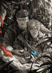 Rule 34 | 2boys, beret, blue butterfly, blue eyes, bug, bulletproof vest, butterfly, curtained hair, day, fingerless gloves, gloves, godsstation, gun, hat, highres, holding, holding gun, holding weapon, insect, jack krauser, jacket, leon s. kennedy, male focus, multiple boys, outdoors, resident evil, resident evil: the darkside chronicles, short hair, snake, weapon