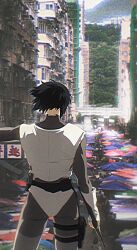 Rule 34 | 1girl, absurdres, aizheajsee, apartment, belt, black hair, bodysuit, building, bulletproof vest, city, from behind, ghost in the shell, gloves, grey bodysuit, highres, holster, kusanagi motoko, photo background, road, short hair, solo, street, subdermal port, thigh holster, thigh strap, white gloves