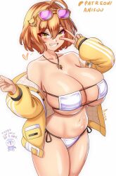 1girl ahoge anis_(nikke) anis_(sparkling_summer)_(nikke) anisdrawn aviator_sunglasses bare_shoulders bikini blush breasts brown_hair cleavage eyepatch_bikini eyewear_on_head gen_4_pokemon goddess_of_victory:_nikke highres holding jacket jewelry large_breasts looking_at_viewer navel necklace official_alternate_costume pink-tinted_eyewear piplup short_hair smile solo star_(symbol) star_necklace sunglasses swimsuit tinted_eyewear white_bikini yellow_jacket