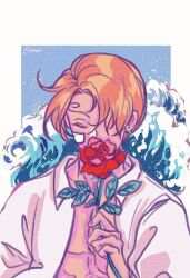 Rule 34 | 1boy, blonde hair, closed eyes, collared shirt, commentary, curly eyebrows, flower, hair over one eye, highres, holding, holding flower, male focus, one piece, red flower, red rose, rose, sanji (one piece), serein, shirt, short hair, solo, sparkle, symbol-only commentary, upper body, waves, white shirt