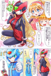1boy 3girls alouette_(mega_man) alternate_costume android backless_dress backless_outfit blonde_hair blue_eyes blunt_bangs blush bodystocking breasts ciel_(mega_man) comic commentary_request cyber_elf_x_(mega_man) cyber_elf_(mega_man) dress genderswap genderswap_(mtf) green_eyes heart helmet highres kiwakiwa long_hair mega_man_(series) mega_man_zero_(series) meme_attire multiple_girls open_mouth red_sweater ribbed_sweater smile speech_bubble sweater sweater_dress text_focus thumbs_up translated x_(mega_man) zero(z)_(mega_man) zero_(mega_man)