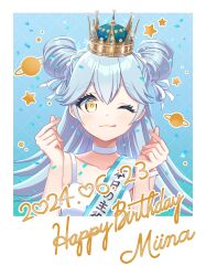 1girl 2024 absurdres aqua_hair artist_request border choker closed_mouth confetti crown double_bun dress hair_bun hair_ribbon happy_birthday highres hirose_miina long_hair official_art one_eye_closed outside_border ribbon shine_post solo star_(symbol) sundress tasuki tongue tongue_out upper_body white_border white_choker white_dress white_ribbon yellow_eyes