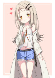 1girl absurdres blue_shorts blush border brown_background brown_eyes brown_hair camisole closed_mouth collarbone colored_eyelashes commentary_request cutoffs denim denim_shorts gakuen_idolmaster grey_jacket hair_ornament hairclip hand_up heart highres idolmaster jacket jiu_(sdesd3205) long_hair off_shoulder open_clothes open_jacket shinosawa_hiro shorts smile solo swept_bangs torn_clothes torn_shorts very_long_hair white_border white_camisole