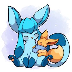 Rule 34 | absurdres, animal focus, blue hair, blush, closed eyes, eevee, evolutionary line, gen 1 pokemon, gen 4 pokemon, glaceon, highres, nintendo, no humans, pokemon, pokemon (creature), scarf, sevi (seviyummy), sidelocks, sitting, smile, tongue, tongue out