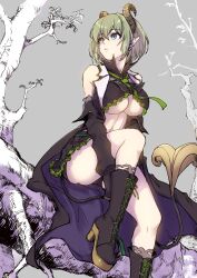 1girl black_boots black_shirt black_skirt black_sleeves blue_eyes boots breasts brown_horns closed_mouth clothing_cutout crop_top curled_horns demon_girl demon_horns demon_tail detached_sleeves expressionless foot_out_of_frame green_hair green_necktie grey_background hashtag-only_commentary heterochromia highres horns jyaco large_breasts log looking_afar nanashi_inc. navel necktie pointy_ears sekishiro_mico sekishiro_mico_(1st_costume) shirt short_hair skirt sleeveless sleeveless_shirt solo tail tree underboob underboob_cutout virtual_youtuber yellow_eyes