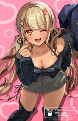 Rule 34 | 1girl, ;d, black jacket, blonde hair, breasts, cleavage, commentary request, cowboy shot, dark-skinned female, dark skin, downblouse, fang, finger heart, fingernails, fujishiro kokoa, grey skirt, hair ornament, hairclip, halterneck, hand on own hip, heart, heart background, jacket, kaminari qpi, large breasts, leaning forward, long fingernails, long hair, looking at viewer, nail polish, one eye closed, open mouth, orange nails, pink background, skin fang, skirt, smile, solo, twintails, virtual youtuber, vspo!, x hair ornament, yellow eyes