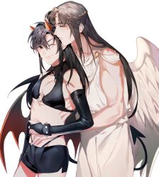 Rule 34 | 2boys, absurdres, alternate costume, alternate universe, androgynous, angel, angel and devil, angel wings, bare shoulders, black bridal gauntlets, black hair, black panties, black shirt, black shorts, bracelet, bridal gauntlets, brown eyes, brown hair, circlet, cleavage cutout, closed mouth, clothing cutout, couple, crop top, demon boy, demon horns, demon tail, demon wings, elbow gloves, feathered wings, gloves, highleg, highleg panties, highres, horns, hug, hug from behind, jewelry, jujeop, lan wangji, long hair, looking at another, looking at viewer, male focus, midriff, modao zushi, multiple boys, o-ring, one eye closed, panties, pectoral cleavage, pectorals, ponytail, robe, shirt, short shorts, shorts, sidelocks, simple background, sleeveless, sleeveless robe, sleeveless shirt, smile, spiked bracelet, spikes, tail, trap, turtleneck, underwear, wei wuxian, white background, white robe, white wings, wings, yaoi, yellow eyes
