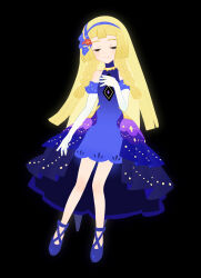 1girl absurdres black_background blonde_hair braid closed_mouth dress elbow_gloves facing_viewer fua1heyvot4ifsr full_body gloves hairband hand_on_own_chest highres lillie_(anniversary_2021)_(pokemon) lillie_(pokemon) nintendo official_alternate_costume pokemon pokemon_masters_ex purple_dress sleeveless sleeveless_dress solo twin_braids white_gloves