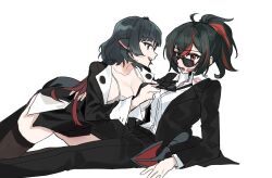 2girls animal_ears between_legs black_hair black_jacket black_necktie black_skirt black_thighhighs breasts cleavage clothes_grab collarbone collared_shirt commentary_request danji_bang gradient_hair jacket jane_doe_(zenless_zone_zero) korean_commentary large_breasts lipstick_mark lipstick_mark_on_clothes lipstick_mark_on_face long_hair long_sleeves mouse_ears mouse_tail multicolored_hair multiple_girls necktie necktie_grab neckwear_grab open_mouth parted_lips ponytail red_eyes red_hair red_lips shirt simple_background skirt smile streaked_hair sunglasses tail tail_around_waist thighhighs white_background white_shirt yuri zenless_zone_zero zhu_yuan