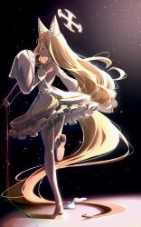 Rule 34 | 1girl, absurdres, animal ear fluff, animal ears, blonde hair, blue archive, closed eyes, closed mouth, clover dot (clov erd), commentary, detached sleeves, dress, fox ears, fox girl, frilled dress, frills, halo, highres, holding, holding microphone, long hair, microphone, pantyhose, seia (blue archive), sleeves past fingers, sleeves past wrists, solo, standing, standing on one leg, very long hair, white dress, white pantyhose, white sleeves, yellow halo