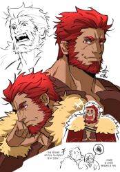 2boys ^_^ bara beard chibi chibi_inset closed_eyes collage cropped_torso dark-skinned_male dark_skin doodle_inset multiple_expressions facial_hair fate/zero fate_(series) iskandar_(fate) jaeun90_(lju90) korean_commentary korean_text large_pectorals light_blush looking_at_viewer mature_male multiple_boys muscular muscular_male pectorals red_eyes spoken_squiggle squiggle standing thick_eyebrows thick_neck thinking translation_request waver_velvet