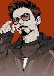 Rule 34 | 1boy, absurdres, arc reactor, avengers: infinity war, avengers (series), black-framed eyewear, black gloves, black jacket, black shirt, brown-tinted eyewear, brown eyes, brown hair, closed mouth, facial hair, fingerless gloves, fingernails, gloves, hand up, highres, hood, hooded jacket, jacket, long sleeves, looking at viewer, male focus, marvel, marvel cinematic universe, red background, shirt, short hair, simple background, solo, sunglasses, thendsherly, tinted eyewear, tony stark, upper body, v-shaped eyebrows