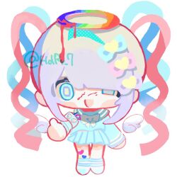 Rule 34 | 1girl, ;d, blonde hair, blood, blood drip, blood on face, blue eyes, blue hair, blue serafuku, blue socks, bow, bright pupils, chest bow, chibi, chibi only, chouzetsusaikawa tenshi-chan, colored tips, drawn wings, full body, hair bow, half-closed eye, halo, looking at viewer, multicolored hair, multicolored halo, multiple hair bows, naishukketsukata, needy girl overdose, one eye closed, open mouth, pink hair, quad tails, rainbow halo, school uniform, serafuku, smile, socks, solo, thumbs up, white background, white pupils