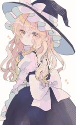 1girl apron black_skirt black_vest blonde_hair blush braid closed_mouth hair_between_eyes hat hiyuu_(hiyualice) kirisame_marisa large_ribbon light_smile long_hair long_sleeves looking_at_viewer looking_back shirt skirt solo star_(symbol) touhou vest white_background white_shirt witch_hat yellow_eyes