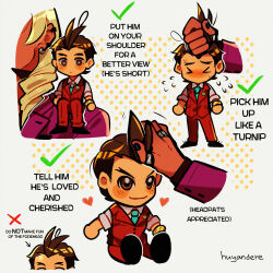 &gt;_&lt; 2boys absurdres ace_attorney antenna_hair apollo_justice aqua_necktie arms_at_sides artist_name black_footwear blonde_hair blue_nails blush bracelet brown_eyes brown_hair buttoned_cuffs buttons character_doll checkmark closed_mouth collared_shirt dark-skinned_male dark_skin earrings english_text fingernails flying_sweatdrops forehead forked_eyebrows formal_clothes grabbing_another&#039;s_hair hand_on_another&#039;s_head headpat heart highres huyandere jacket jewelry klavier_gavin lapel_pin lapels long_sleeves male_focus mini_person miniboy multiple_boys multiple_rings necktie no_fingers no_mouth no_nose on_shoulder pants purple_jacket red_pants red_suit red_vest ring shirt short_hair simple_background sleeves_rolled_up smile suit sweat thumb_ring v-shaped_eyebrows vest white_background white_shirt x