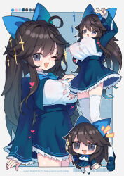 Rule 34 | 1girl, :d, ;d, ahoge, arm up, barcode, blue background, blue bow, blue bowtie, blue jacket, blue skirt, blush, border, bow, bowtie, breasts, brown hair, chibi, chibi inset, color guide, commentary, commission, fang, frilled skirt, frilled sleeves, frills, hair bow, jacket, kerberos blade, large breasts, long hair, long sleeves, looking at viewer, multiple views, nekoyashiki chimaki, notice lines, one eye closed, open mouth, outline, outside border, purple eyes, saebashi, shirt, skeb commission, skin fang, skirt, smile, sparkle, thighhighs, v, watermark, white border, white outline, white shirt, white thighhighs, zettai ryouiki