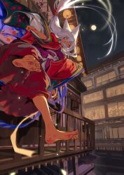 1girl absurdres architecture barefoot clenched_hand commentary dirty dirty_feet east_asian_architecture from_below hair_lift hashibiro_kou_(garapiko_p) highres japanese_clothes kimono long_hair long_toenails looking_at_viewer moon night night_sky original outdoors railing sky solo toenails white_hair yellow_eyes