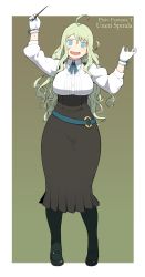 Rule 34 | 1girl, @ @, accio, ahoge, bad id, bad pixiv id, blonde hair, breasts, character name, english text, female focus, gloves, green background, highres, large breasts, long hair, long skirt, looking at viewer, mary janes, messy hair, o-ring, open mouth, original, pantyhose, pixiv fantasia, pixiv fantasia t, shoes, simple background, skirt, solo, standing, sweatdrop, uneri spirala, wand, wavy mouth, white background, wide hips