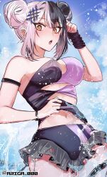1girl :o ariga_000 arm_strap black_hair blue_sky blush breasts cloud commentary cowboy_shot day double_bun frills grey_hair hair_bun hair_ornament hand_up highres hololive hololive_english large_breasts looking_at_viewer multicolored_hair navel official_alternate_costume official_alternate_hairstyle open_mouth outdoors shiori_novella sidelocks sky solo split-color_hair standing swimsuit symbol-only_commentary thigh_strap twitter_username two-tone_hair water yellow_eyes