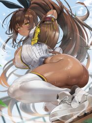 1girl ass ball baseball baseball_(object) baseball_glove baseball_uniform blush bottomless breasts brown_hair cleavage dark-skinned_female dark_skin goddess_of_victory:_nikke hair_ribbon highres large_breasts long_hair looking_at_viewer noir_(baseball_cheerleader)_(nikke) noir_(nikke) ponytail ribbon shirt shoes short_sleeves sneakers solo sportswear teddypocky thighhighs very_long_hair white_shirt white_thighhighs yellow_eyes