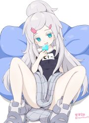 1girl :d alternate_hairstyle artist_name blue_eyes blush boots colored_eyelashes commentary competition_school_swimsuit covered_navel deux_murasame food grey_hair gundam gundam_gquuuuuux hair_ornament hairclip highres holding holding_food holding_ice_cream holding_popsicle ice_cream long_hair open_mouth pale_skin pillow popsicle purple_pupils scarf school_swimsuit seseragi_(star4rats) sidelocks sitting smile solo spread_legs swimsuit thighs twitter_username updo very_long_hair white_background white_boots