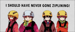 4boys animification aoey black_hair blonde_hair blue_eyes brown_eyes brown_hair can commentary covered_mouth crossed_arms drink_can episode_title eric_cartman french_kiss gloves harness helmet high_collar holding holding_can jacket kenny_mccormick kiss kyle_broflovski long_sleeves male_focus multiple_boys orange_hair soda south_park stan_marsh upper_body