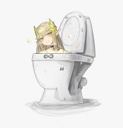 1girl absurdres arknights blush brown_hair closed_mouth elf full_body highres laurel_crown long_hair looking_at_viewer muelsyse_(arknights) pointy_ears rhine_lab_logo simple_background skibidi_toilet_(series) smile solo toilet white_background yellow_eyes zobnuy