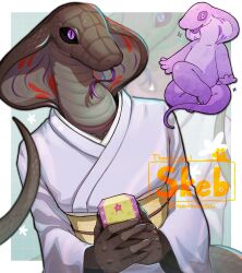 1girl absurdres black_sclera claws colored_sclera commentary_request commission forked_tongue furry furry_female highres holding japanese_clothes kimono obi obiage obijime original purple_eyes samesame5151 sash skeb_commission slit_pupils snake_girl tail tongue tongue_out upper_body