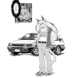 1girl absurdres alternate_costume animal_ears belt breasts camisole car clenched_teeth crop_top fang greyscale hairband hands_in_pockets headband highres horse_ears horse_girl horse_tail jacket long_hair long_sleeves looking_at_viewer midriff monochrome motor_vehicle multiple_views navel ni_kogori nike_(company) open_clothes open_jacket open_mouth pants shoes small_breasts smile sneakers solo standing sweat tail tamamo_cross_(umamusume) teeth umamusume v-shaped_eyebrows vehicle_request