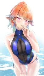Rule 34 | 1girl, alulunkiruto, bare shoulders, breasts, earrings, feather earrings, feathers, finger to mouth, highres, hololive, hololive english, jewelry, large breasts, looking at viewer, official alternate costume, official alternate hairstyle, one-piece swimsuit, orange hair, perfume (takanashi kiara), purple eyes, side-tie one-piece swimsuit, smile, swimsuit, takanashi kiara, virtual youtuber