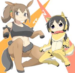 1boy 1girl :3 animal_costume animal_earmuffs animal_hands black_eyes black_hair black_sports_bra blush breasts brown_hair closed_mouth commentary_request dog_boy dog_costume dog_tail earmuffs full_body gloves high_ponytail hoof_gloves hoof_shoes hooves horse_girl horse_tail large_breasts lets0020 looking_at_viewer medium_hair navel original paw_gloves paw_shoes ponytail purple_eyes short_hair smile sports_bra tail white_background