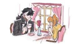 1boy 1girl 79x_(ox79xo) ace_attorney athena_cykes black_hair black_jacket black_necktie black_vest blue_eyes blue_hairband blush chair closed_mouth cup flower hairband haori highres holding holding_cup jacket japanese_clothes long_sleeves multicolored_hair necktie orange_hair phoenix_wright:_ace_attorney_-_dual_destinies plate ponytail shirt side_ponytail simon_blackquill smile table two-tone_hair vase vest white_hair white_shirt yellow_jacket