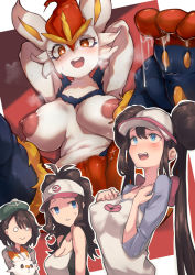 4girls absurdres animal_ears arms_behind_head arms_up bare_shoulders blue_eyes blue_fur blush breasts bright_pupils brown_hair censored cinderace cleavage closed_mouth commentary_request covered_erect_nipples creatures_(company) disgust double_bun donut_hair_bun eyelashes feet female_pervert furrification furrowed_brow furry furry_female furry_with_non-furry game_freak gen_8_pokemon gloria_(pokemon) green_headwear hair_bun hat highres hilda_(pokemon) imagining interspecies iparupua large_breasts long_hair looking_at_another looking_at_viewer looking_up lying medium_hair mosaic_censoring multicolored_fur multiple_girls nintendo nipples o_o on_back open_mouth orange_eyes parted_lips pervert pokemon pokemon_(creature) pokemon_bw pokemon_bw2 pokemon_swsh presenting pussy raglan_sleeves red_fur rosa_(pokemon) scorbunny shaded_face shirt smile soles sparkle spread_legs sweat toes unaligned_breasts very_long_hair vest visor_cap white_fur white_pupils