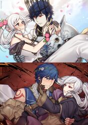 Rule 34 | 1boy, 1girl, arm tattoo, armored boots, arms around neck, artist request, bare arms, bare shoulders, blue eyes, blue hair, blush, boots, bracelet, breasts, brown eyes, brown gloves, capelet, carrying, chrom (fell exalt) (fire emblem), chrom (fire emblem), cleavage, coat, collarbone, couple, dark persona, day, dress, embarrassed, evil smile, expressionless, eyelashes, falling petals, female focus, female robin (fire emblem), female robin (grandmaster) (fire emblem), female robin (valentine) (fire emblem), fingerless gloves, fingernails, fire emblem, fire emblem awakening, fire emblem heroes, floating hair, flower, flower bracelet, gloves, grima (fire emblem), hair flower, hair ornament, halterneck, hand on another&#039;s face, highres, hiomaika, hood, hooded coat, lifting person, lips, long dress, long hair, long sleeves, looking at another, matching hair/eyes, medium breasts, mermaid dress, muscular arms, neck, off shoulder, official alternate costume, open clothes, open coat, outdoors, pale skin, parted lips, petals, possessed, princess carry, red eyes, rope belt, sidelocks, sleeveless, sleeveless dress, smile, smirk, spaghetti strap, swept bangs, tattoo, thigh boots, tight clothes, tight dress, twintails, white hair, wide sleeves
