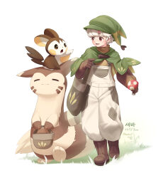 Rule 34 | 1boy, :d, absurdres, bag, basket, blonde hair, boots, brown boots, brown gloves, capelet, commentary request, emolga, freckles, furret, gen 2 pokemon, gen 5 pokemon, gloves, grass, green capelet, green hat, hat, highres, hoishere7, holding, holding mushroom, male focus, mushroom, nintendo, on head, open mouth, overalls, pokemon, pokemon (creature), pokemon on head, red eyes, short hair, smile, standing, tongue